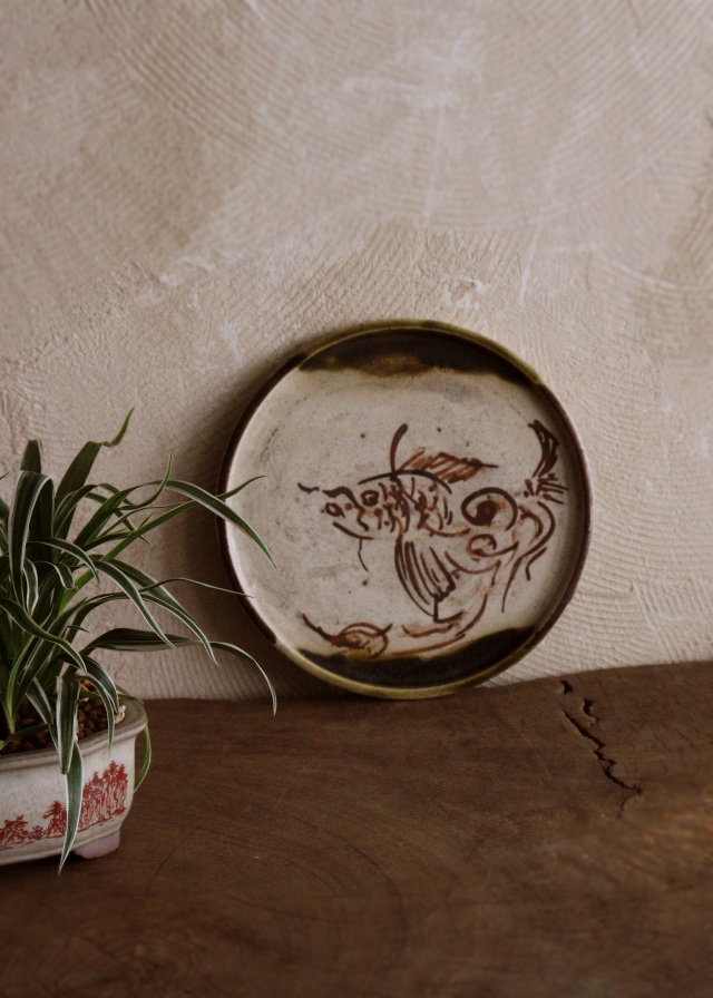 織部行灯皿　金魚図　織部皿　骨董　茶盤