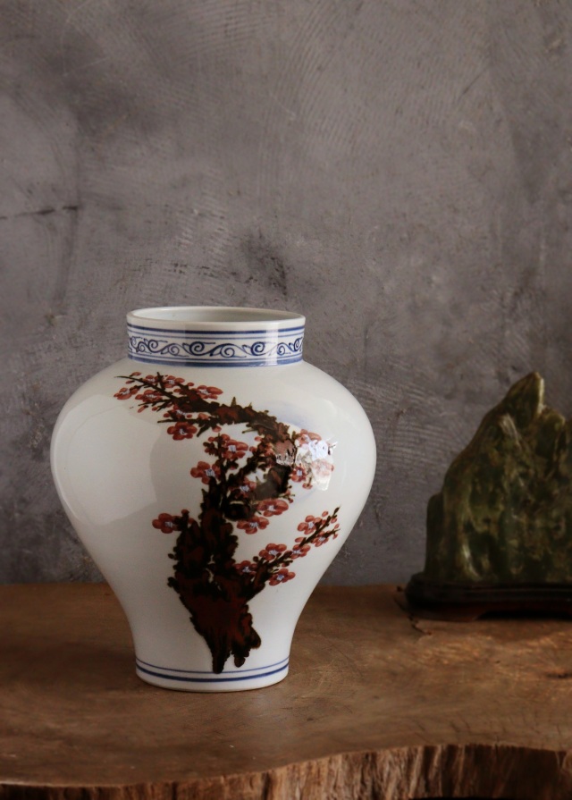 泰岩 沈相燮作梅瓶型辰砂壷 　韓国陶磁　韓国インテリア　韓国人作家