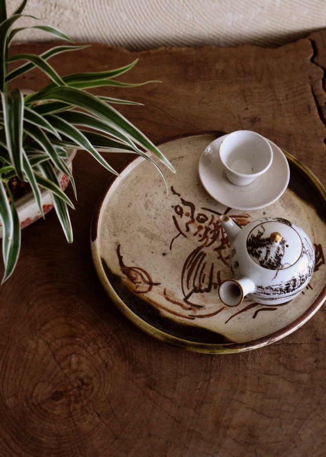 織部行灯皿　金魚図　織部皿　骨董　茶盤