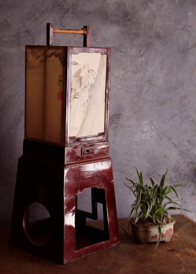 春慶塗二部式行燈　水谷百碩[高砂図]行燈　行灯　灯篭　灯もの　和風照明　照明　古道具　民具