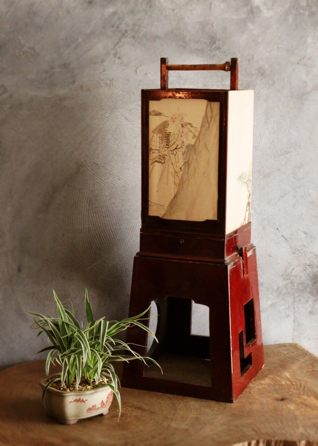 春慶塗二部式行燈　水谷百碩[高砂図]行燈　行灯　灯篭　灯もの　和風照明　照明　古道具　民具