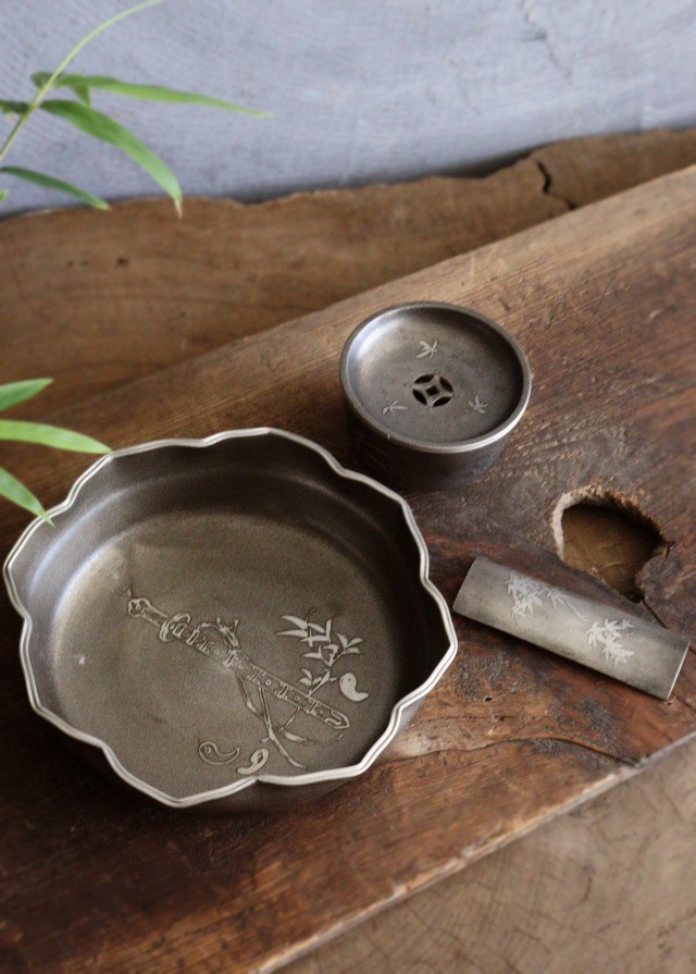 錫製茶器セット　菓子器　茶こぼし　茶則　間村自造　四君子　茶盤