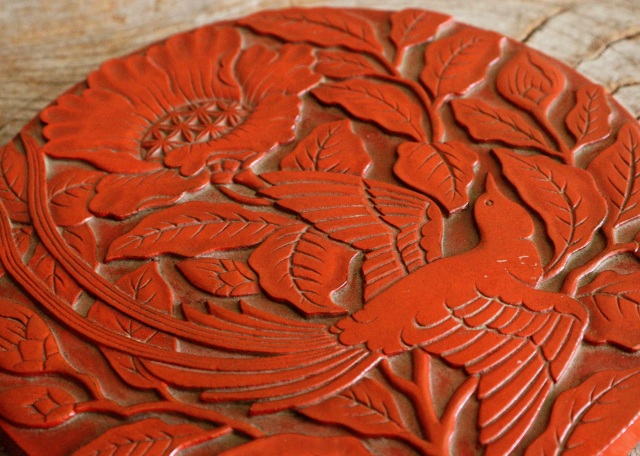 鎌倉彫手鏡　堆朱のような手鏡　花鳥図　手仕事　民藝　朱塗　手鏡