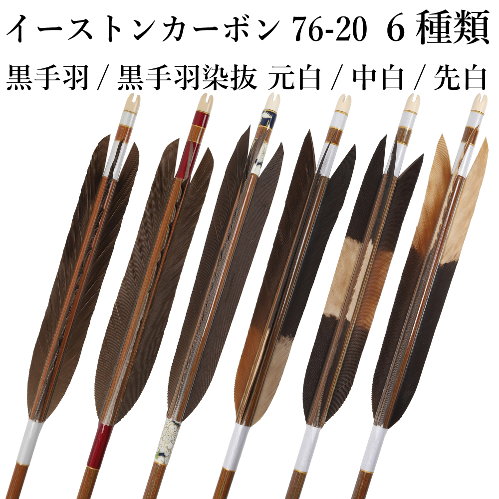 黒手羽 染抜 イーストンカーボン 76-20 6本組 元白 中白 先白 和紙 赤 白 推奨弓力10kg～14kg 送料無料 カーボン矢 弓道 弓具 矢 【D-1783】