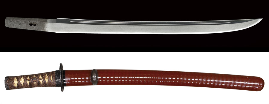 【売約済】商品番号：Q-198　脇差し　(太刀銘)波平行安　保存刀剣鑑定書付き　拵え入り(鐔に保存鑑定付き)