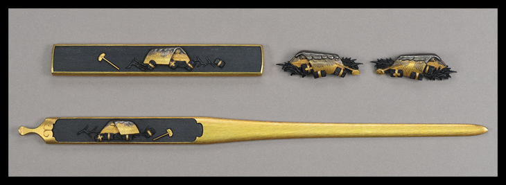 商品番号：T-1145　三所物：塩屋の図　無銘堀江派として保存刀装具鑑定書付き