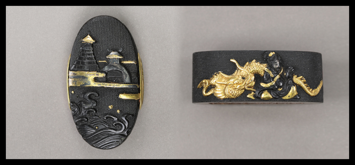 商品番号：T-1177　縁頭：龍王図　銘・山崎幸賀（花押）　保存刀装具鑑定書付き