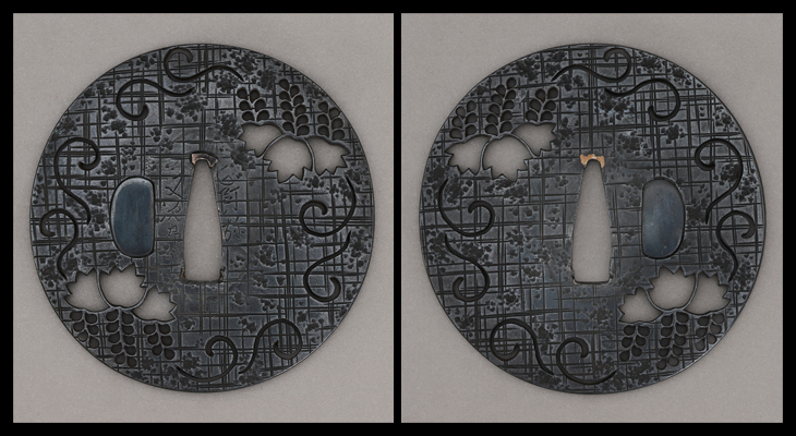 商品番号：T-1272　鍔：桐唐草透図　銘・正阿弥又次郎　特別保存刀装具鑑定書付き　庄内正阿弥派