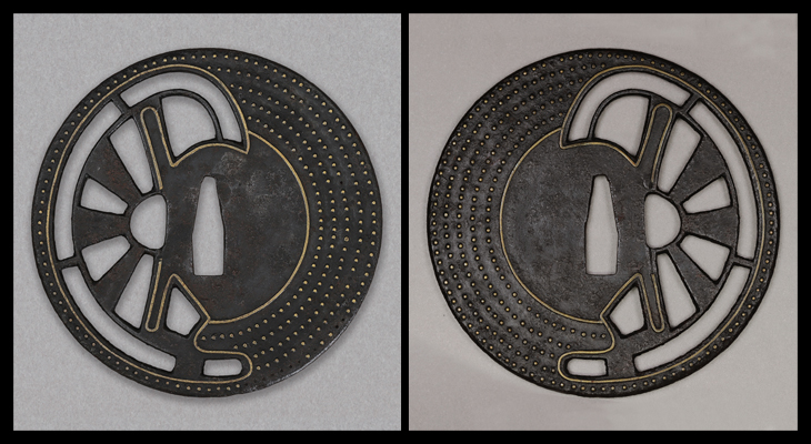 商品番号：T-1277　鍔：車透点象嵌図　無銘応仁　保存刀装具鑑定書付き