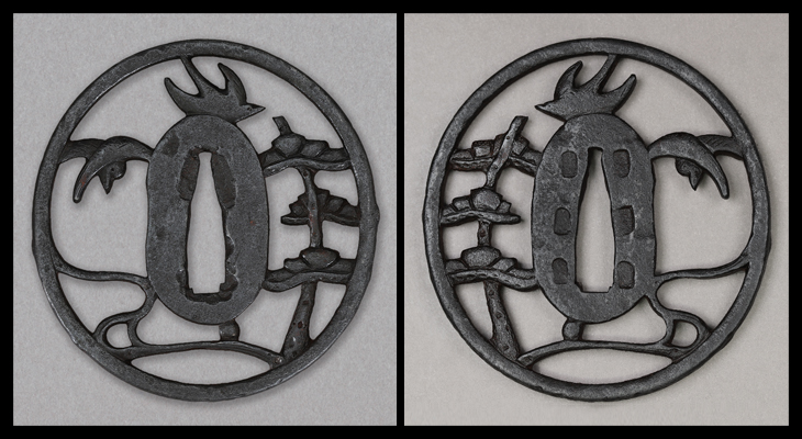 商品番号：T-1280　鍔：松樹流水小禽透図　無銘金山　特別保存刀装具鑑定書付き