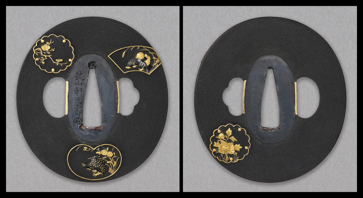 商品番号：VT-047　鍔：地紙散図　銘・筑山軒元寿（花押）　特別保存刀装具鑑定書付き