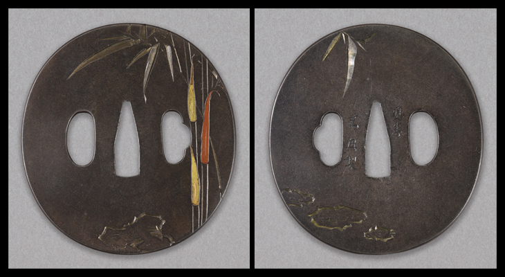 鐙　矢の根　鞭　鍔 鍔：竹石図 Tsuba:Chikuseki Zu