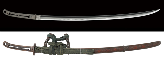 【商談中】商品番号：Q-182　毛抜形太刀　慶心斎直正(大慶直胤門人)(生ぶ無銘)　保存刀剣鑑定書付き　毛抜形太刀拵え入り