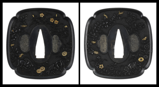 商品番号：T-1146　鍔：秋草遊馬図　無銘美濃　特別保存刀装具鑑定書付き