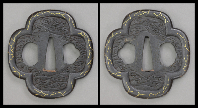 商品番号：T-1183　鍔：波文枯木象嵌図　銘・諏訪勝政 七十八歳作之　特別保存刀装具鑑定書付き