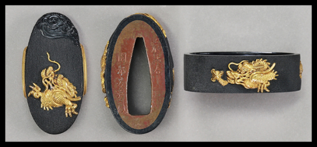 商品番号：T-1195　縁頭：雲龍図　銘・壬辰孟春 薗部芳英（花押） 特別保存刀装具鑑定書付き