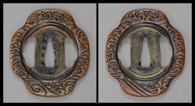 商品番号：T-1196　鍔：波濤円相図　無銘伝彦三　特別保存刀装具鑑定書付き