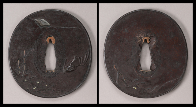 商品番号：T-1232　鍔：月下水辺蝙蝠図　無銘岩本派として保存刀装具鑑定書付き