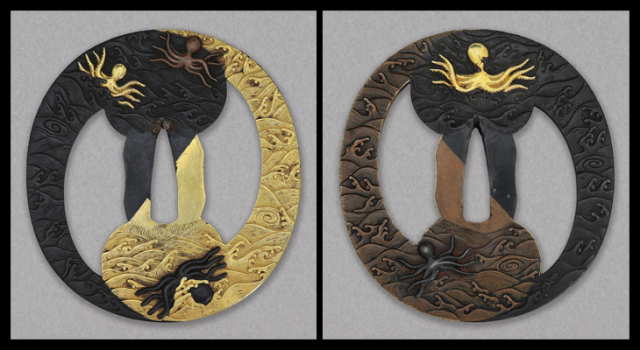 商品番号：T-1270　鍔：巴透波濤群蛸の図　無銘加賀金工　特別保存刀装具鑑定書付き