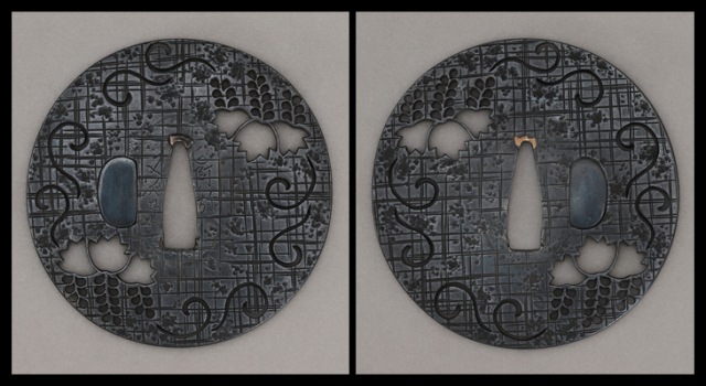 商品番号：T-1272　鍔：桐唐草透図　銘・正阿弥又次郎　特別保存刀装具鑑定書付き　庄内正阿弥派