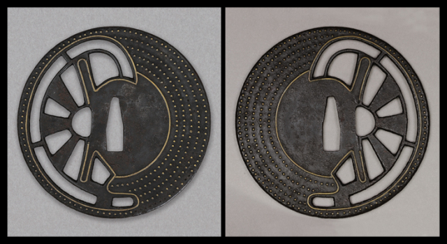 商品番号：T-1277　鍔：車透点象嵌図　無銘応仁　保存刀装具鑑定書付き