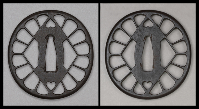 商品番号：T-1278　鍔：猪目菱菊花透図　無銘赤坂　特別保存刀装具鑑定書付き