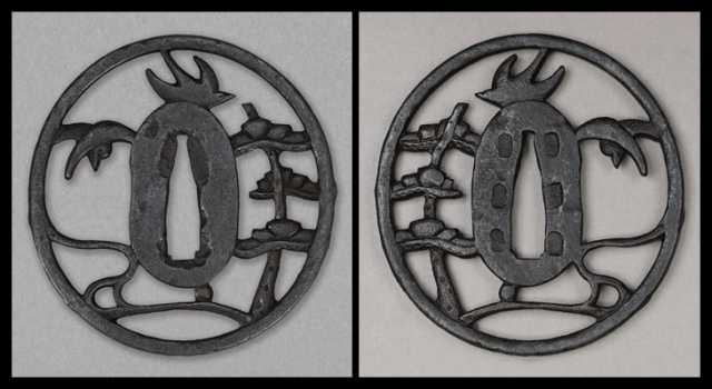 商品番号：T-1280　鍔：松樹流水小禽透図　無銘金山　特別保存刀装具鑑定書付き