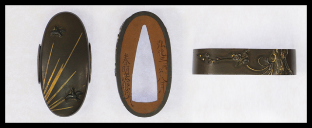 商品番号：T-994　縁頭：梅樹に明烏の図　銘・春明法眼（花押）　弘化三丙午八月（1846）特別保存刀装具鑑定書付き