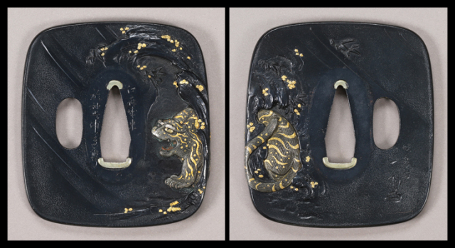 【売約済】商品番号：VT-033　鍔：猛虎図　銘：江府城東　於袖止ケ浦辺鐫　蛟龍斎一則（花押）　特別保存刀装具鑑定書付き