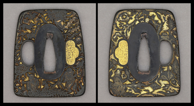 商品番号：VT-042　鍔：花鳥獣に天子南蛮絵図　銘・天光堂　秀国　保存刀装具鑑定書付き