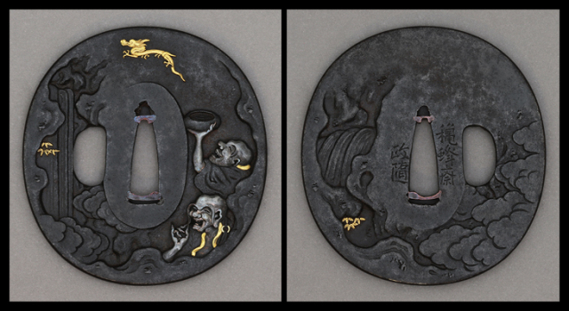 商品番号：VT-043　鍔：羅漢図　銘・穐蜂斎　政隋　特別保存刀装具鑑定書付き