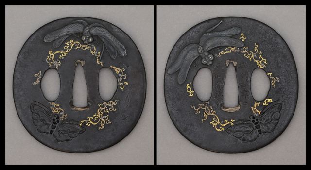 商品番号：VT-044　鍔：勝虫と蝶図　銘・城州西陣住　正阿弥政徳　昭和４０年 杏堂（花押）箱書き