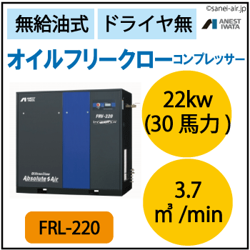 FRL-220|アネスト岩田・オイルフリークローコンプレッサー15kw|三相200V