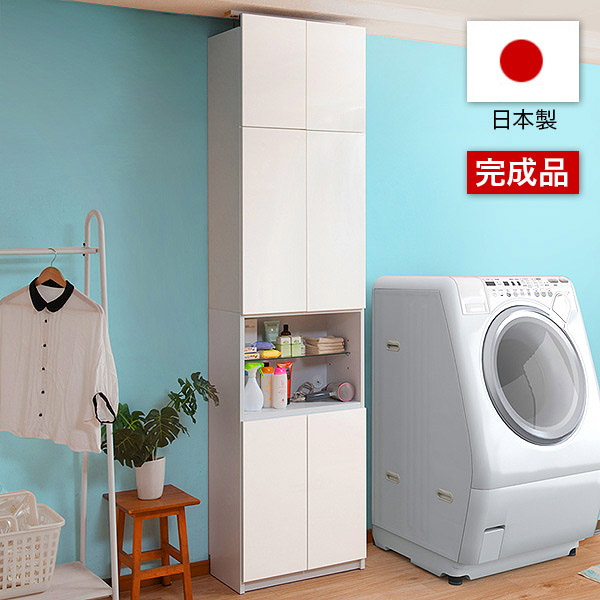 壁面収納 ランドリー収納 幅60 白 日本製 完成品 天井つっぱり 棚 ウォールラック転倒防止 キャビネット 扉 ランドリー 脱衣場収納 ラック タオル 扉付き 省スペース 収納 薄型 収納 ホワイト 約60cm幅 大容量 脱衣所 送料無料