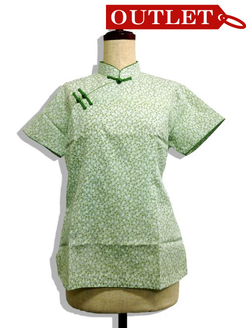【特価】【アウトレットセール】(fh037-L-01)_Lサイズ_トップス_半袖_小花ブラウス(緑&緑)