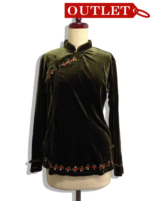 【特価】【アウトレットセール】(fn002-L-01)_Lサイズ_トップス_長袖_アオザイ風ベルベットブラウス（カーキ）