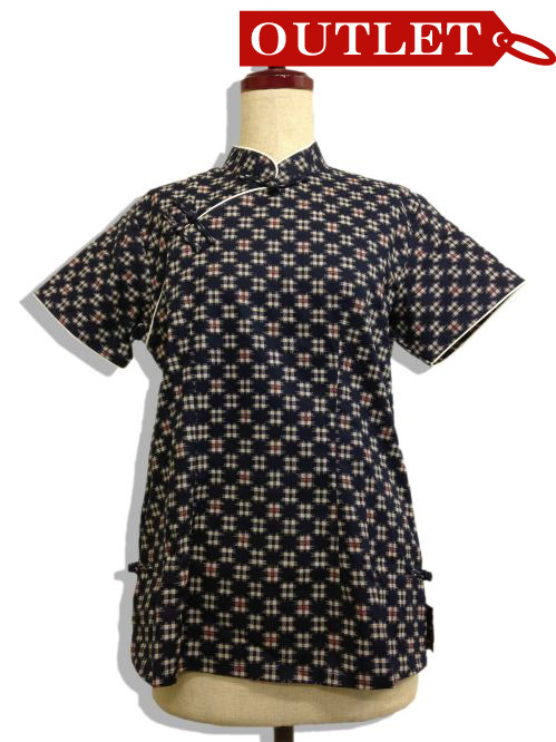 【特価】【アウトレットセール】(fh018-XL-01)_XLサイズ_トップス_半袖_井げた柄ブラウス(黒)