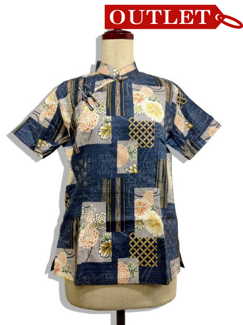 【特価】【アウトレットセール】(fh057-L-01)_Lサイズ_トップス_半袖_アオザイ風_和柄ブラウス(青)