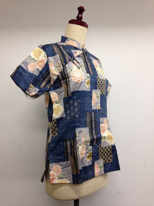 【特価】【アウトレットセール】(fh057-L-02)_Lサイズ_トップス_半袖_アオザイ風_和柄ブラウス(青)