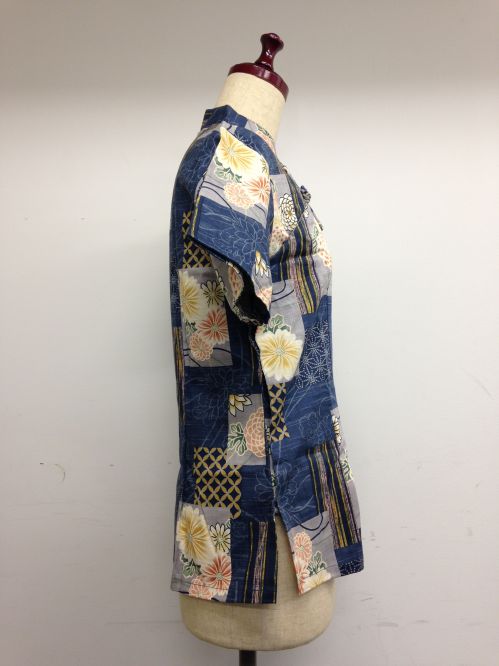 【特価】【アウトレットセール】(fh057-L-03)_Lサイズ_トップス_半袖_アオザイ風_和柄ブラウス(青)