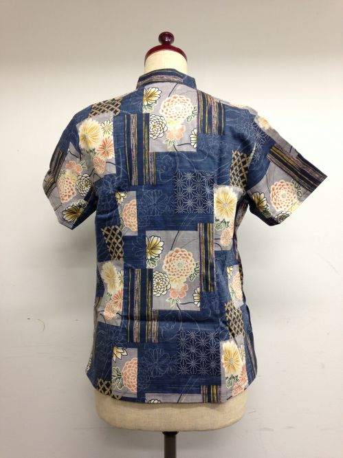 【特価】【アウトレットセール】(fh057-L-04)_Lサイズ_トップス_半袖_アオザイ風_和柄ブラウス(青)