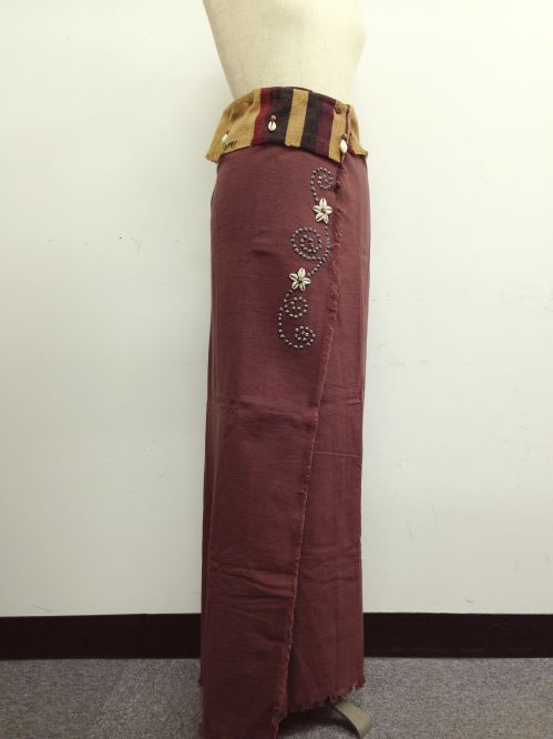 【特価】【アウトレットセール】(fop069-L-02)_Lサイズ_ボトムス_スカート_貝装飾付き巻スカート_茶/青