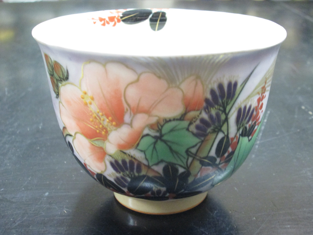 清水焼　陶あん　秋草　お茶呑茶碗