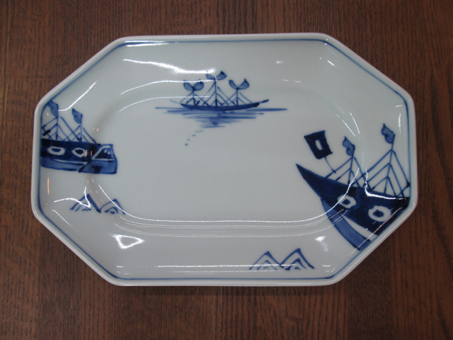 有田焼 青花 オランダ船 八角長角皿