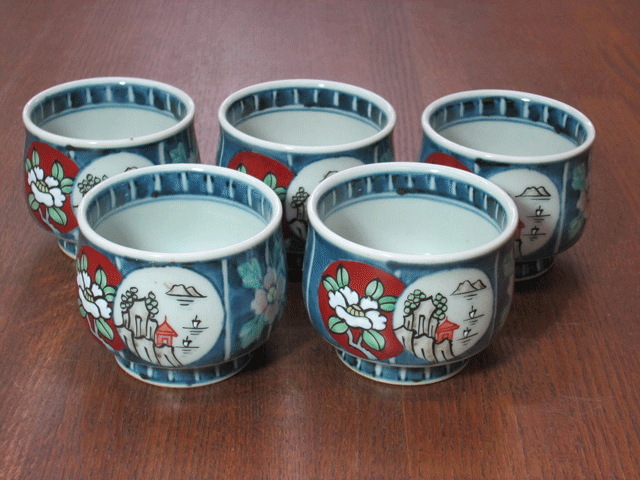 有田焼 六代 佐藤走波 染錦椿牡丹山水湯呑揃