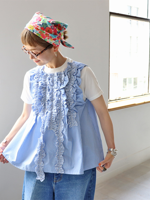 RhodolirioN (ロドリリオン)　Sleeveless Frill Shirt - STRIPE (ストライプ・スリーブレスフリルシャツ)