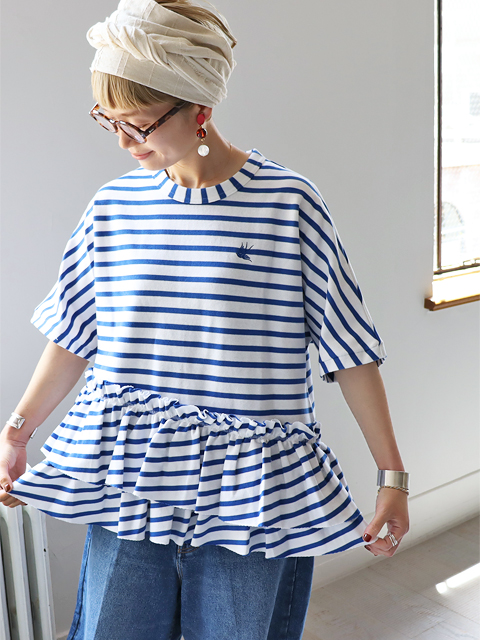 RhodolirioN (ロドリリオン) Swallow Frill Tiered Top (ボーダー・裾フリル半袖Tee)