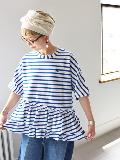 RhodolirioN (ロドリリオン)　Swallow Frill Tiered Top (ボーダー・裾フリル半袖Tee)