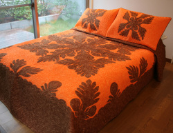 ハワイアンキルト、ベッドカバー、むら染め、ブレッドフルーツ、オレンジ、ブラウン、全体