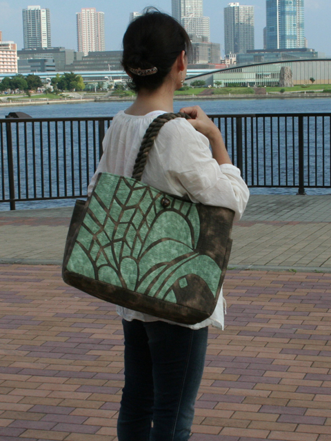 4. ハワイアンキルト レッスンバッグ ティキB モスグリーン オン ED